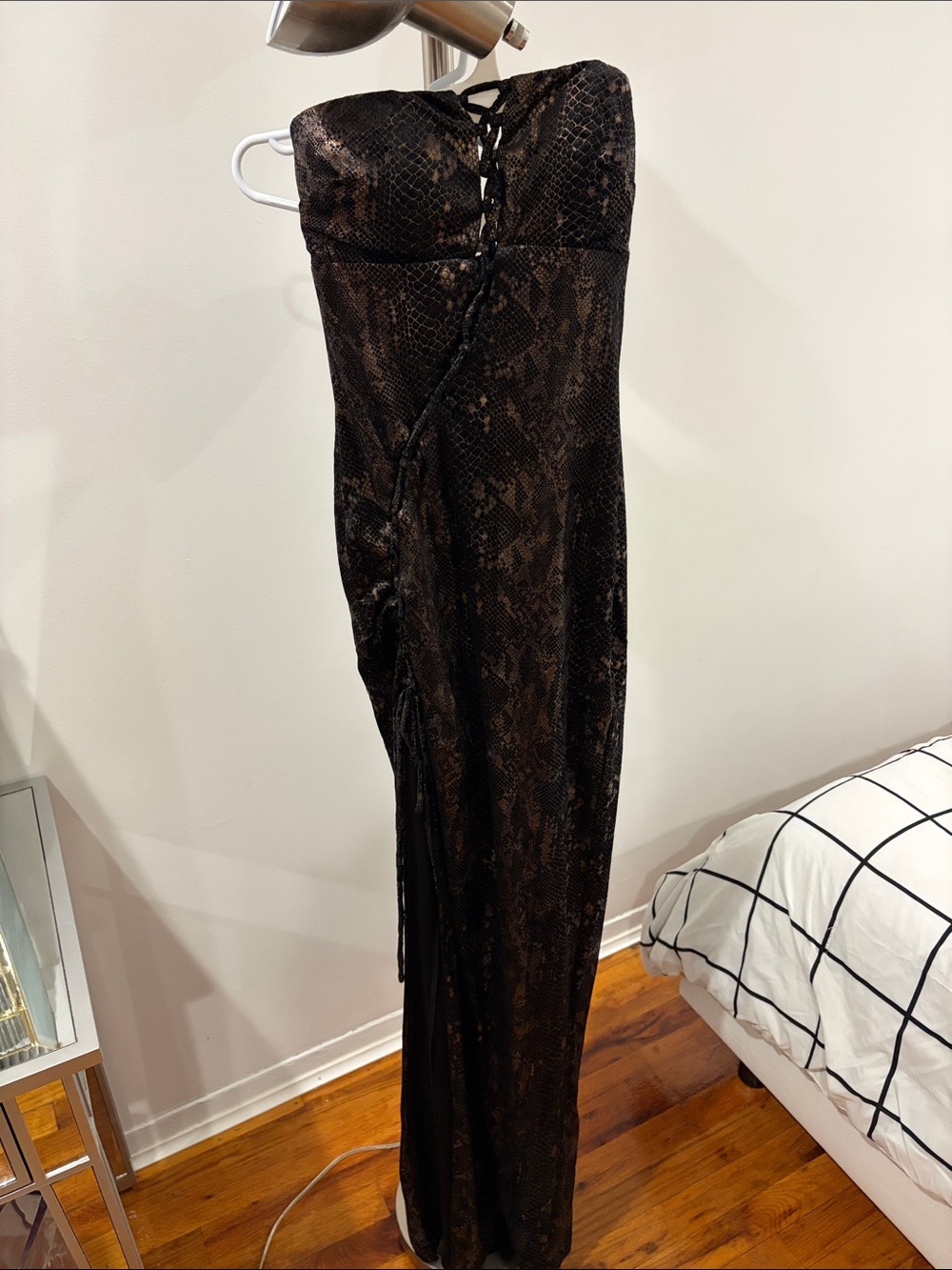 Windsor Black Snake-Print Strapless Lace-Up Gown